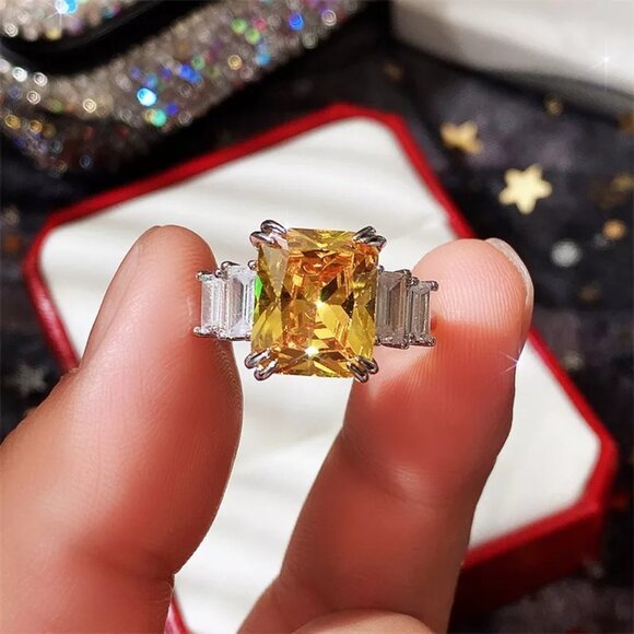 🔥925 Silver Plated Iced Out CZ Yellow Crystal Wedding Ring, MARR9454 - Picture 3 of 4